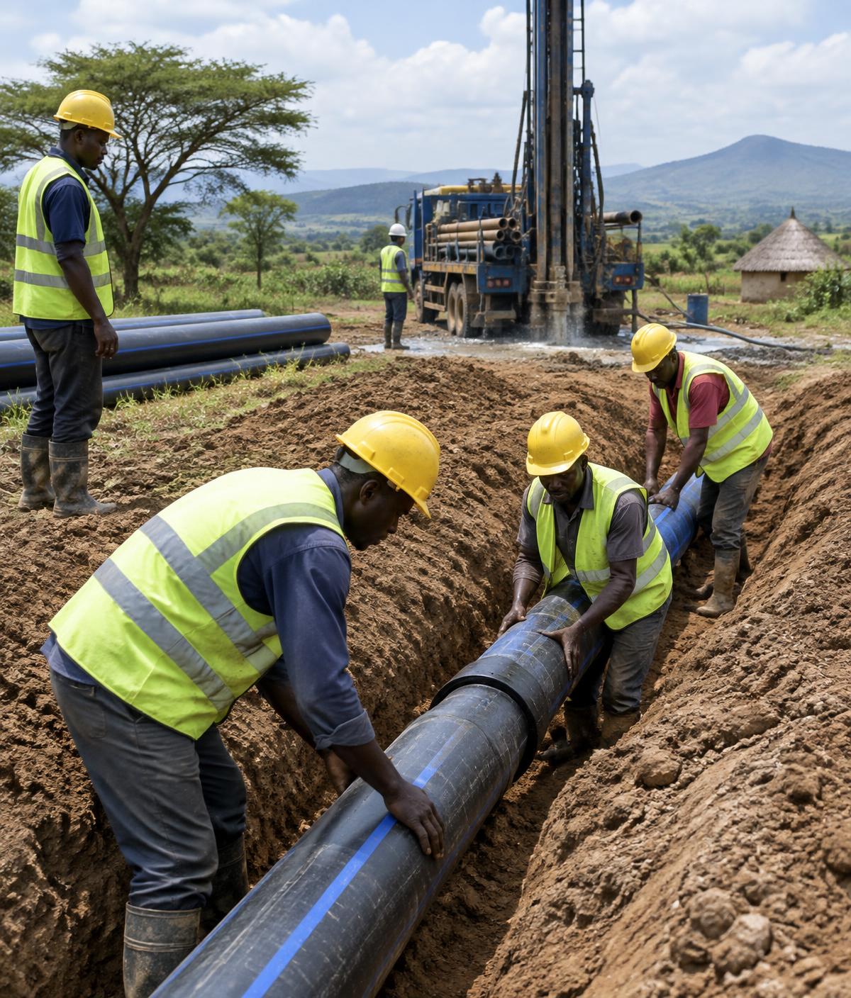 Construction crew laying a water pipeline in a trench beside a borehole drilling rig